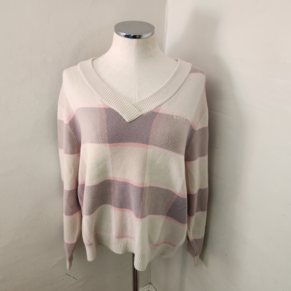 Vans Womens Plaid V-Neck Knit Sweater Pink Cream‎ Grey Size Medium Long Sleeve